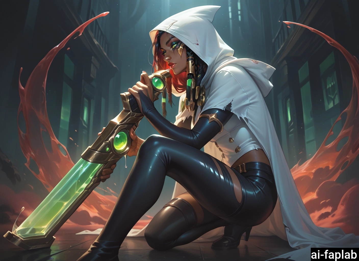 1girl, hood, dark-skinned female, dark skin, solo, weapon · Yamete.gg