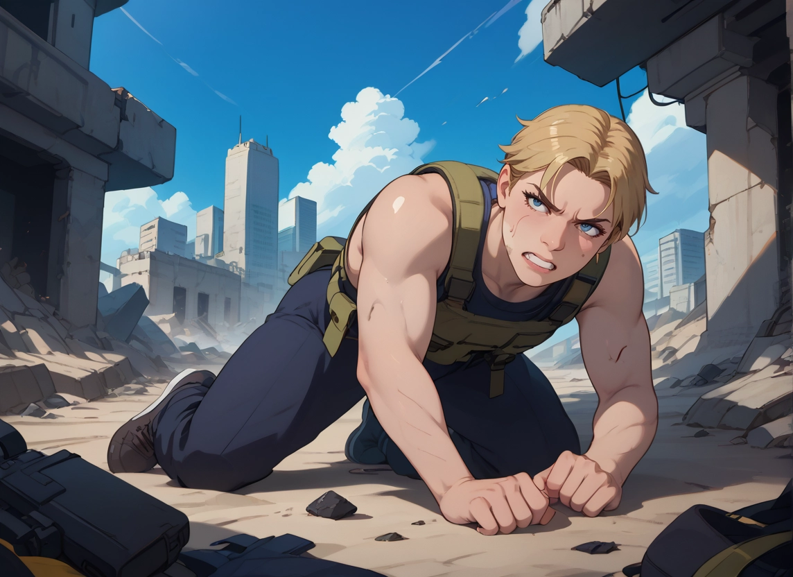 1boy, blonde hair, teeth, male focus, blue eyes, clenched teeth