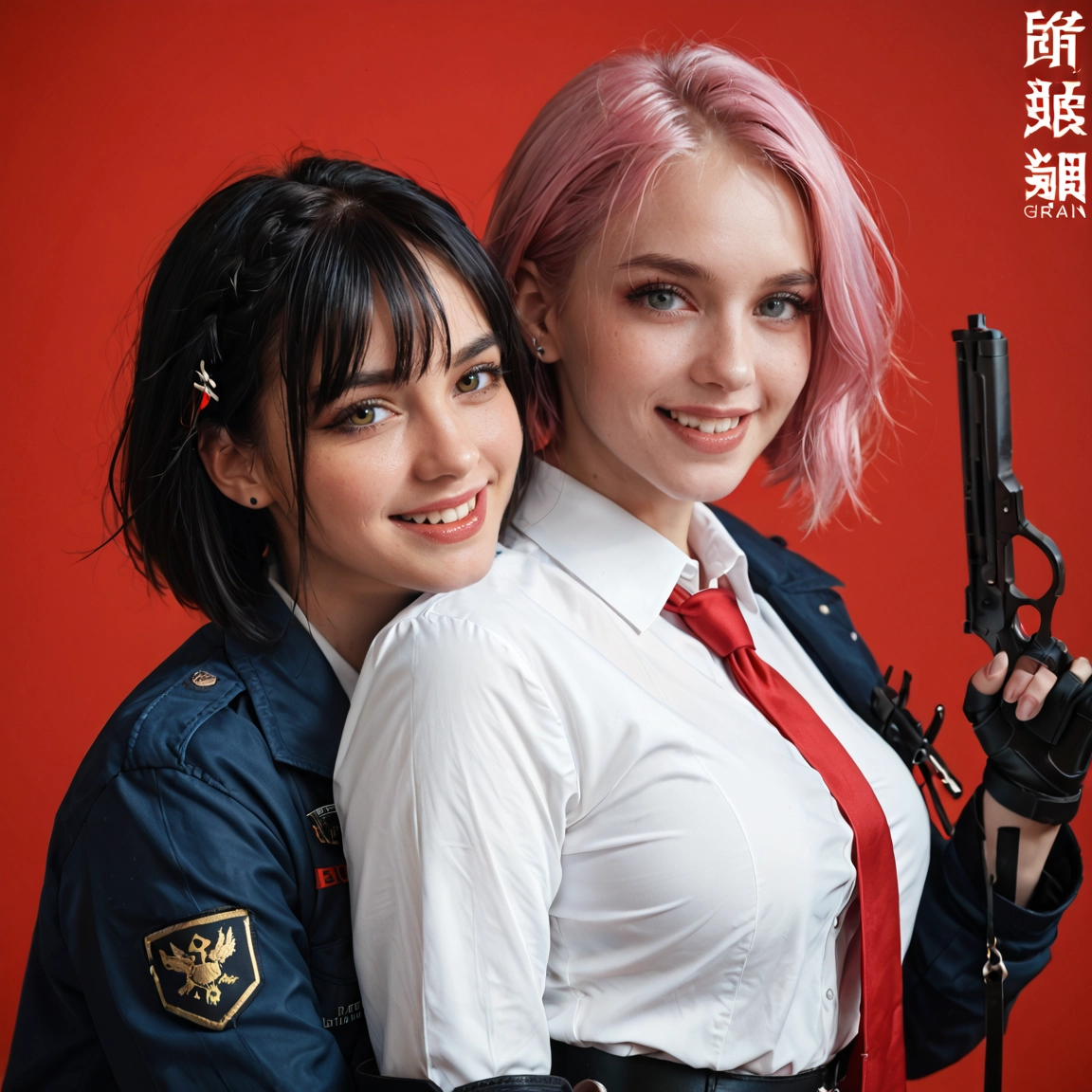 multiple girls, 2girls, weapon, gun, necktie, gloves · Yamete.gg