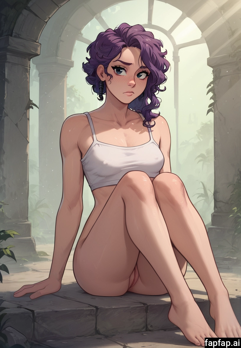 1girl, solo, purple hair, bottomless, pussy, barefoot