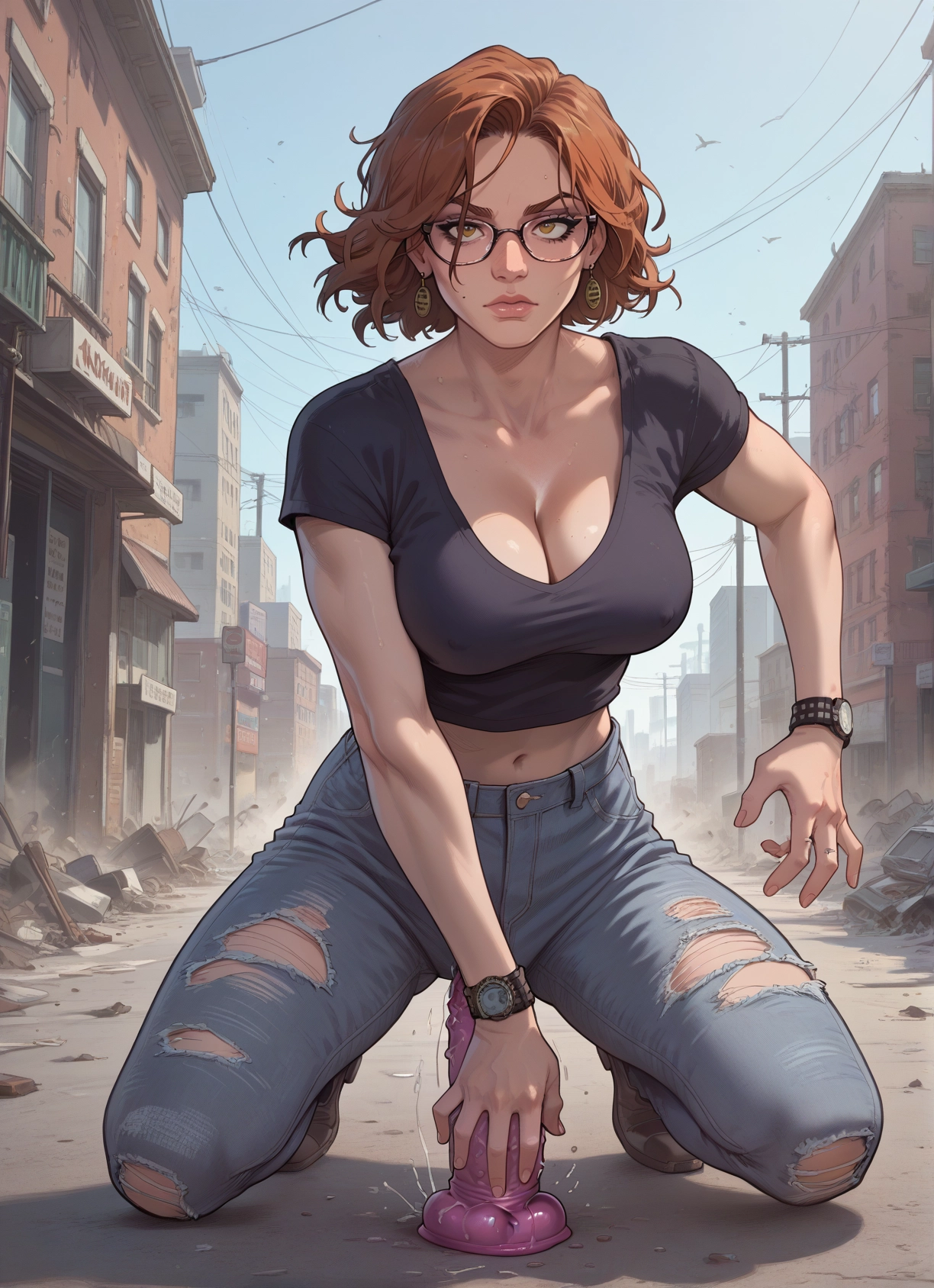 1girl, breasts, glasses, sex toy, pants, torn clothes · Yamete.gg