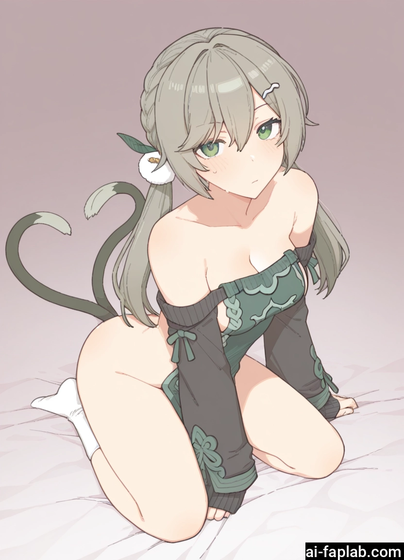 1girl, solo, breasts, green eyes, tail, hair ornament · Yamete.gg