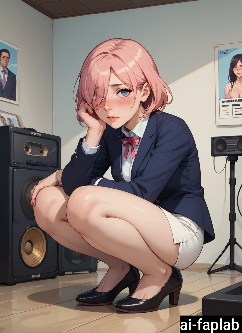 high heels, 1girl, pink hair, blush, squatting, skirt