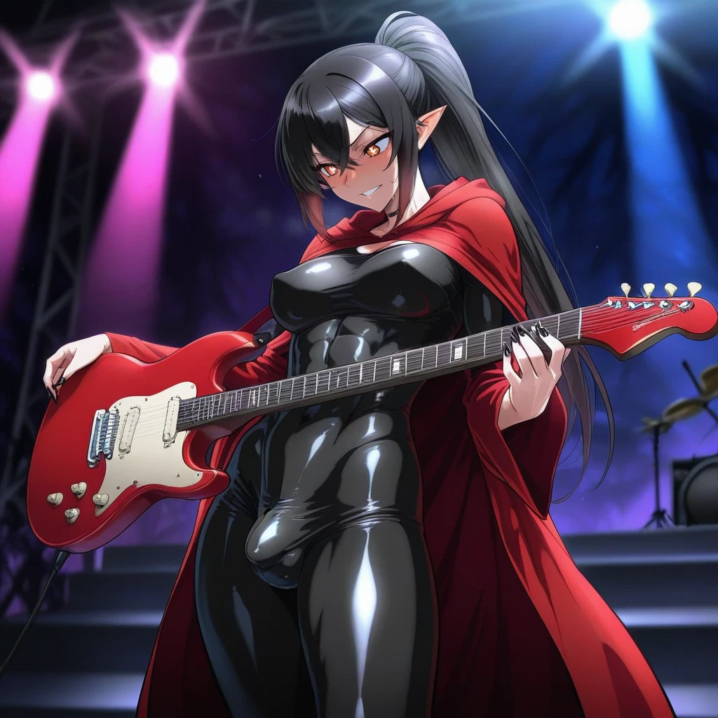 futanari, bulge, covered penis, instrument, black hair, pointy ears · Yamete.gg