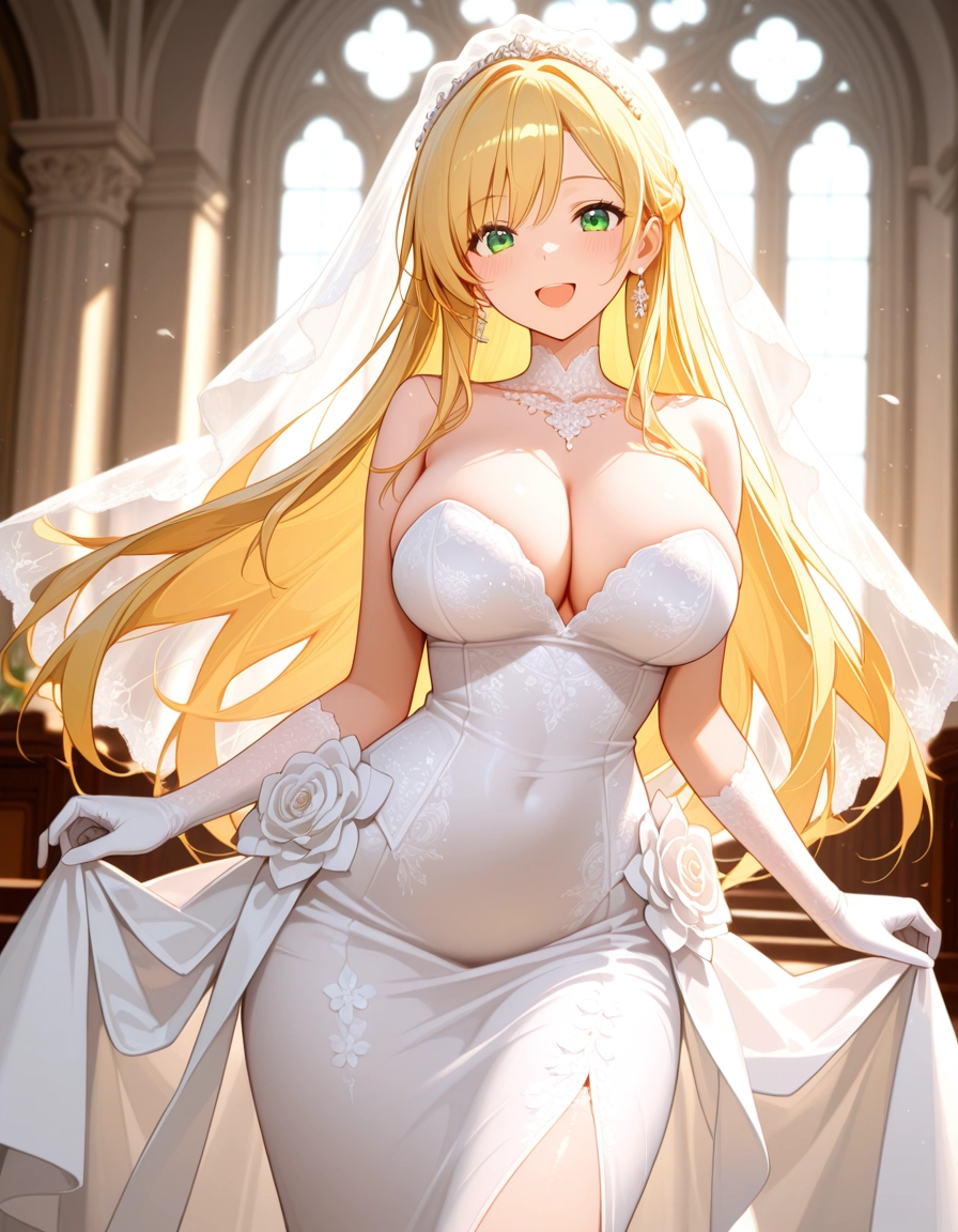1girl, breasts, dress, solo, blonde hair, green eyes · Yamete.gg