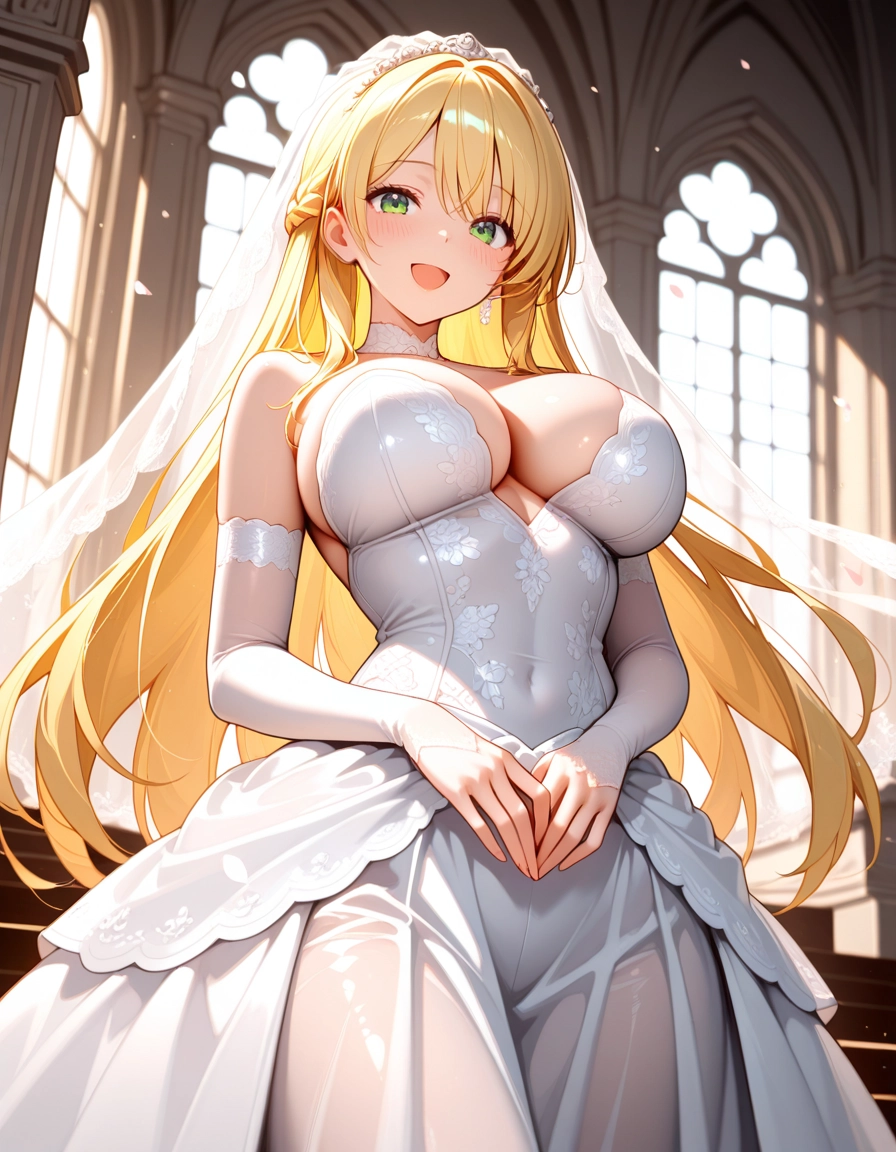 1girl, breasts, solo, blonde hair, dress, green eyes · Yamete.gg