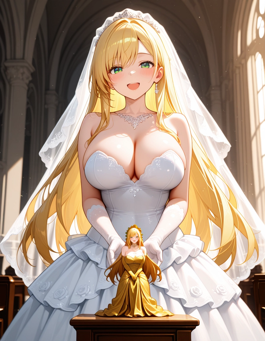 breasts, dress, blonde hair, long hair, green eyes, large breasts · Yamete.gg