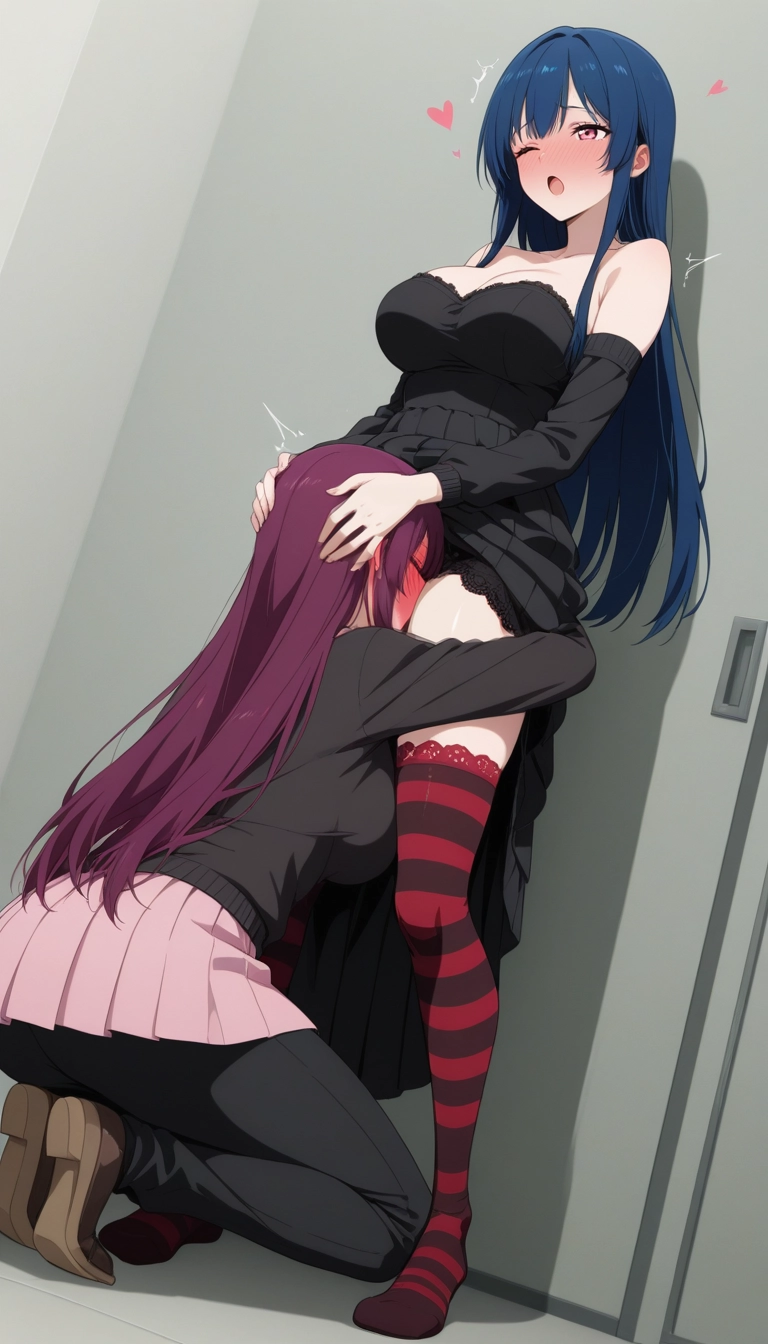 multiple girls, yuri, oral, thighhighs, 2girls, heart