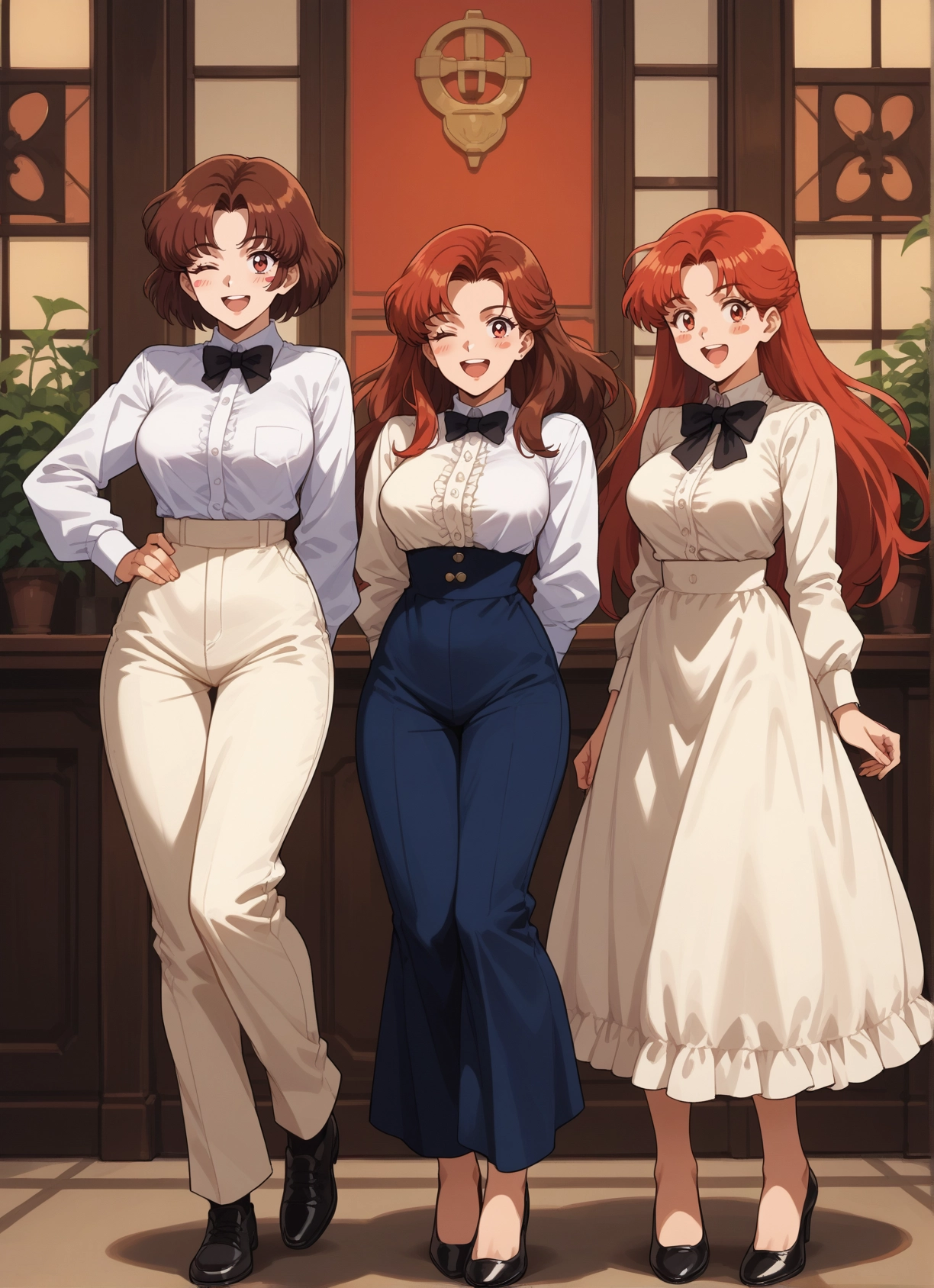 multiple girls, one eye closed, open mouth, long hair, smile, brown hair · Yamete.gg