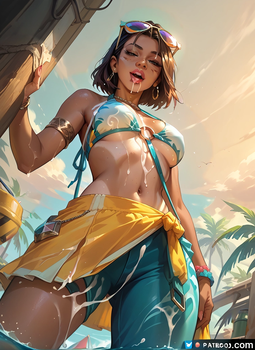 1girl, breasts, solo, gloves, brown hair, navel · Yamete.gg