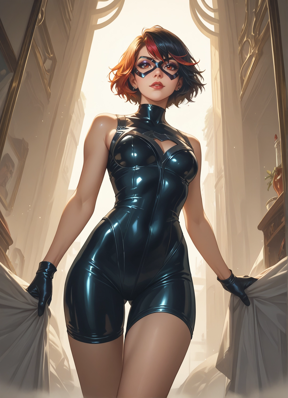 1girl, gloves, solo, multicolored hair, bodysuit, mask · Yamete.gg