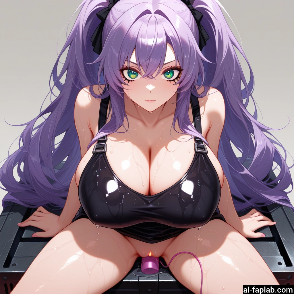 breasts, 1girl, green eyes, sex toy, long hair, purple hair