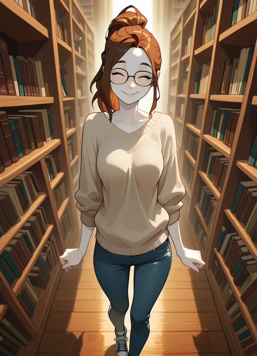 1girl, solo, closed eyes, glasses, pants, smile · Yamete.gg