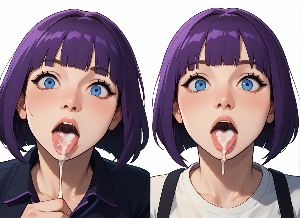 cum, blue eyes, purple hair, cum in mouth, open mouth, tongue · Yamete.gg