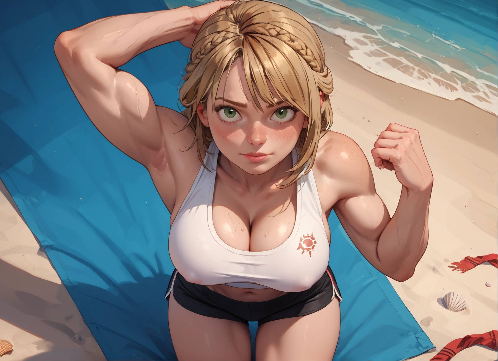1girl, breasts, green eyes, beach, shorts, cleavage · Yamete.gg