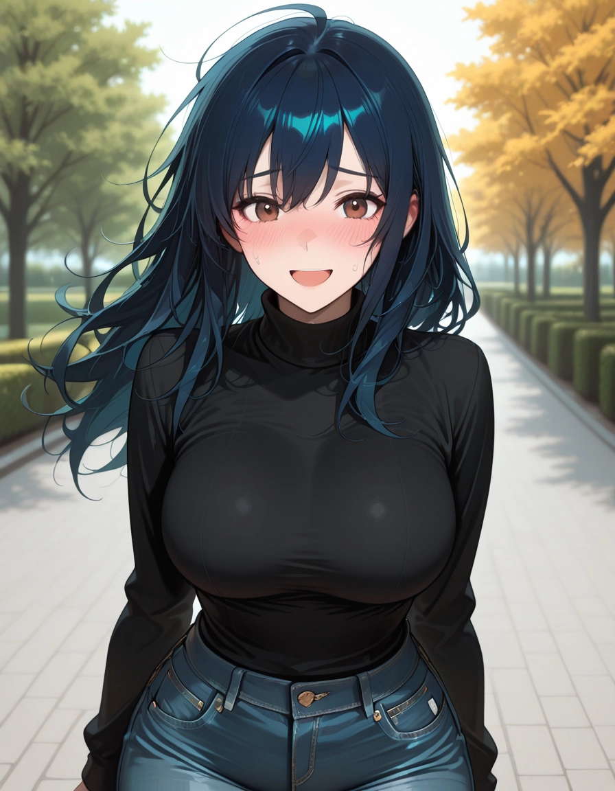 1girl, denim, breasts, blush, pants, jeans · Yamete.gg