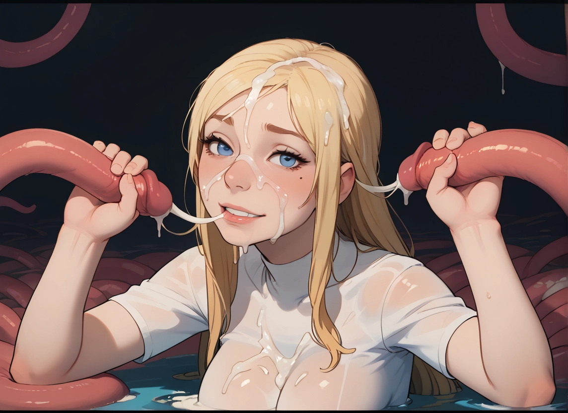 1girl, tentacles, cum, blonde hair, blue eyes, mole under eye · Yamete.gg