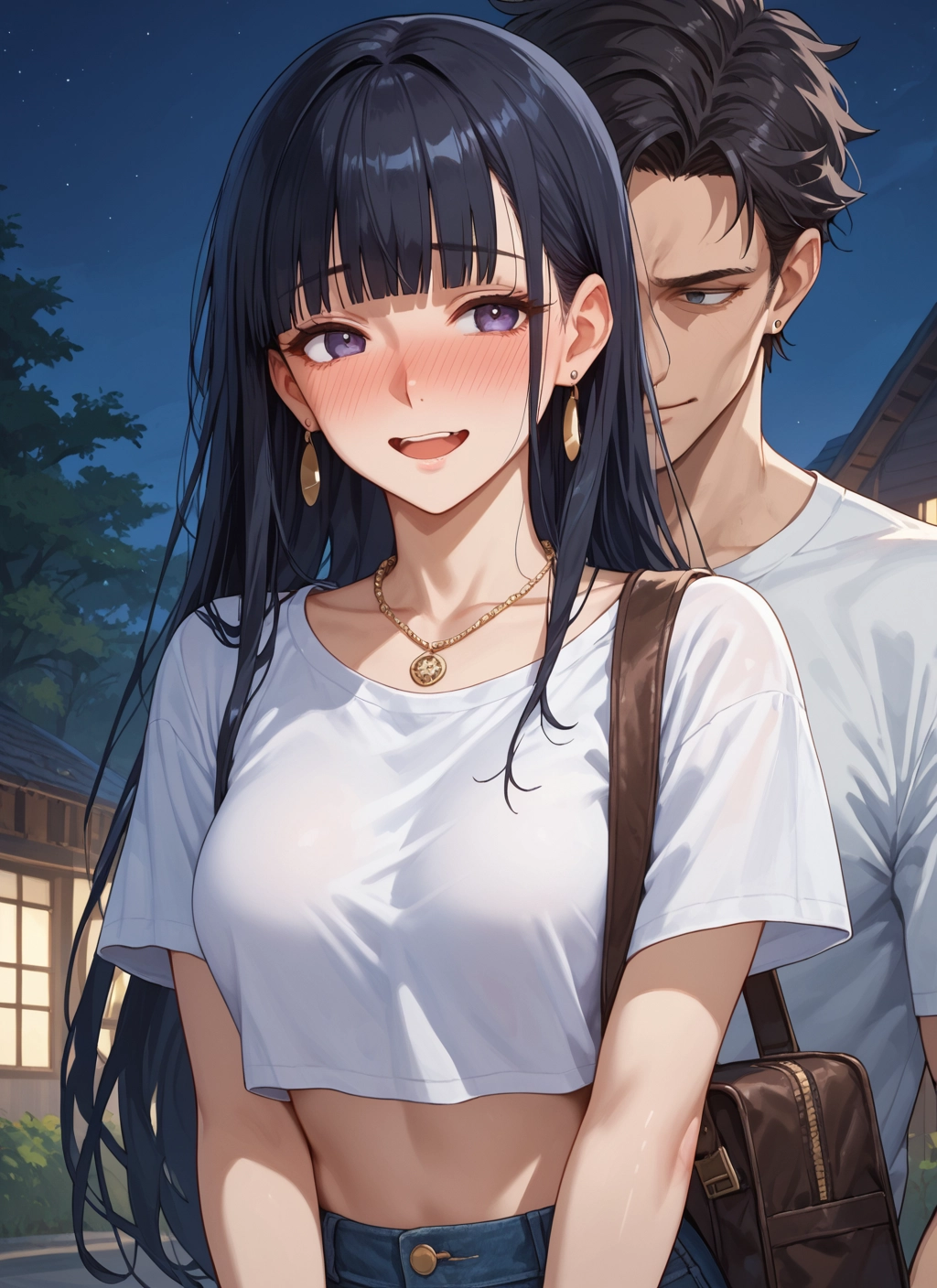 1girl, 1boy, jewelry, blush, earrings, long hair · Yamete.gg