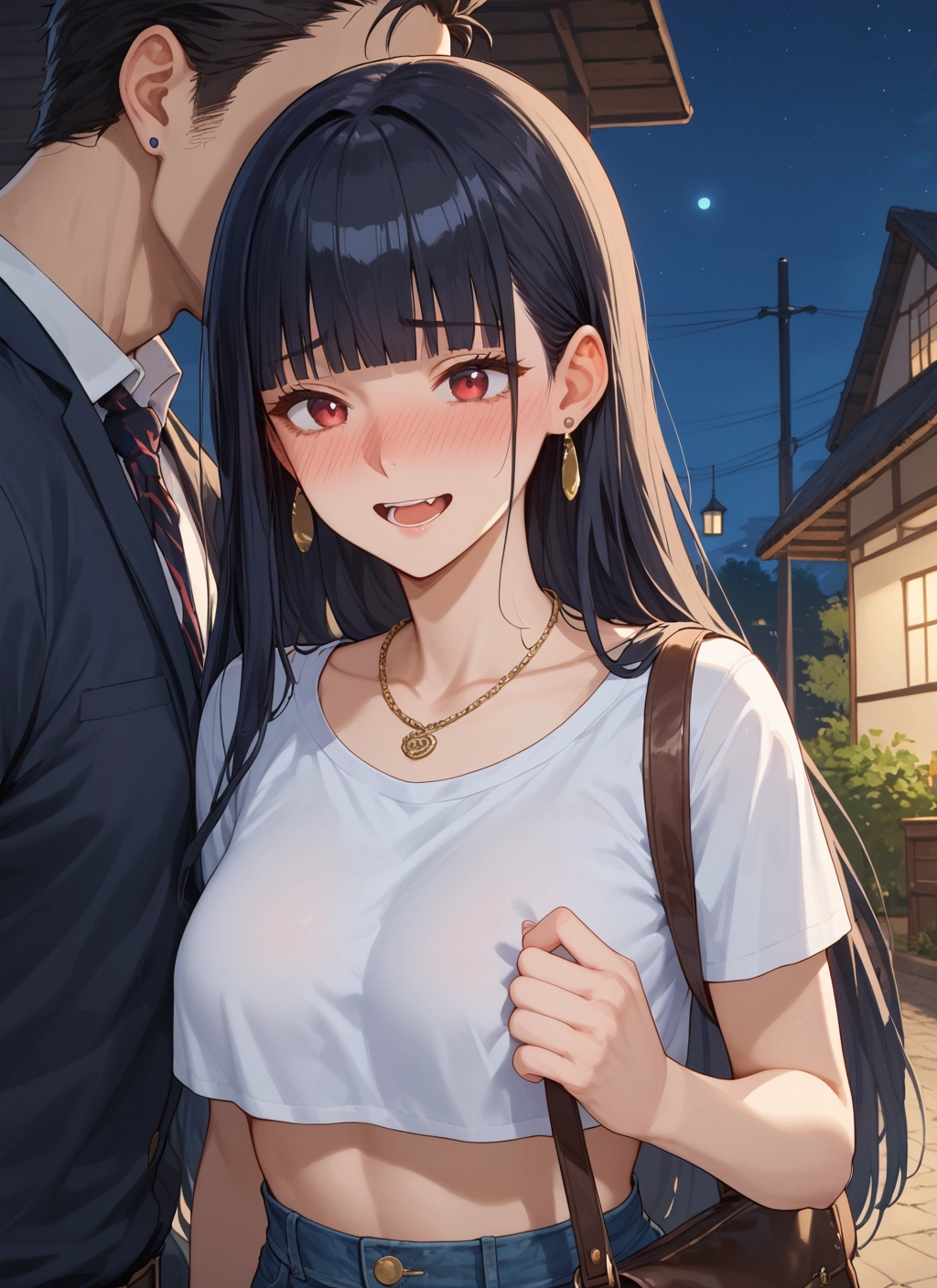 1girl, 1boy, jewelry, earrings, blush, open mouth · Yamete.gg