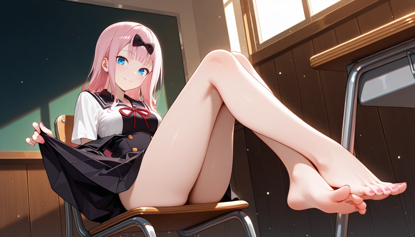 1girl, barefoot, classroom, school uniform, pink hair, solo · Yamete.gg