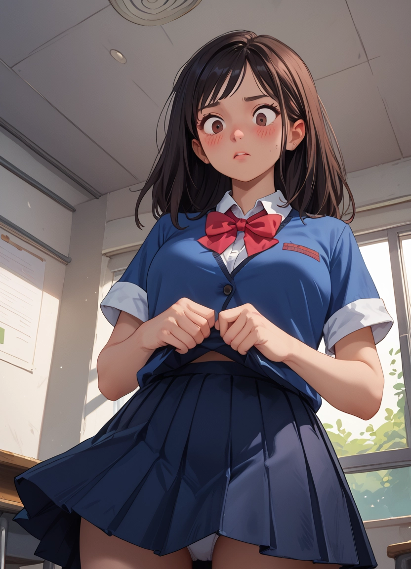 1girl, underwear, panties, skirt, solo, brown hair · Yamete.gg