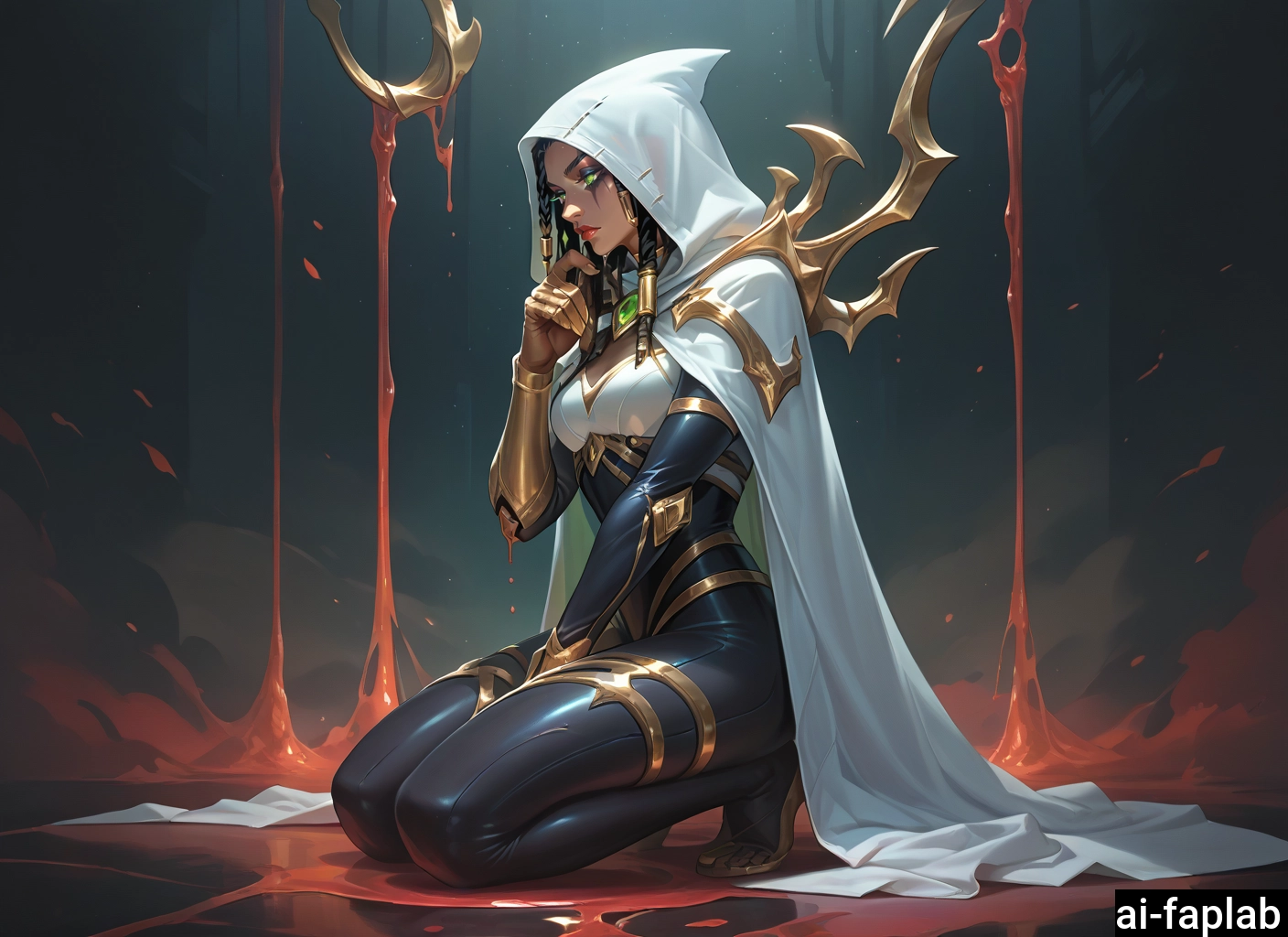 1girl, solo, green eyes, hood, black hair, finger to mouth · Yamete.gg