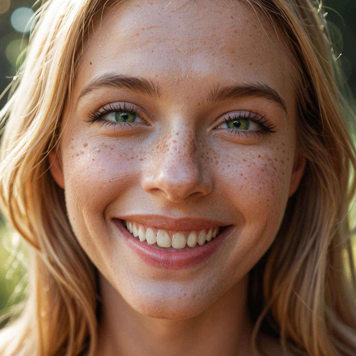 1girl, solo, freckles, teeth, smile, green eyes · Yamete.gg