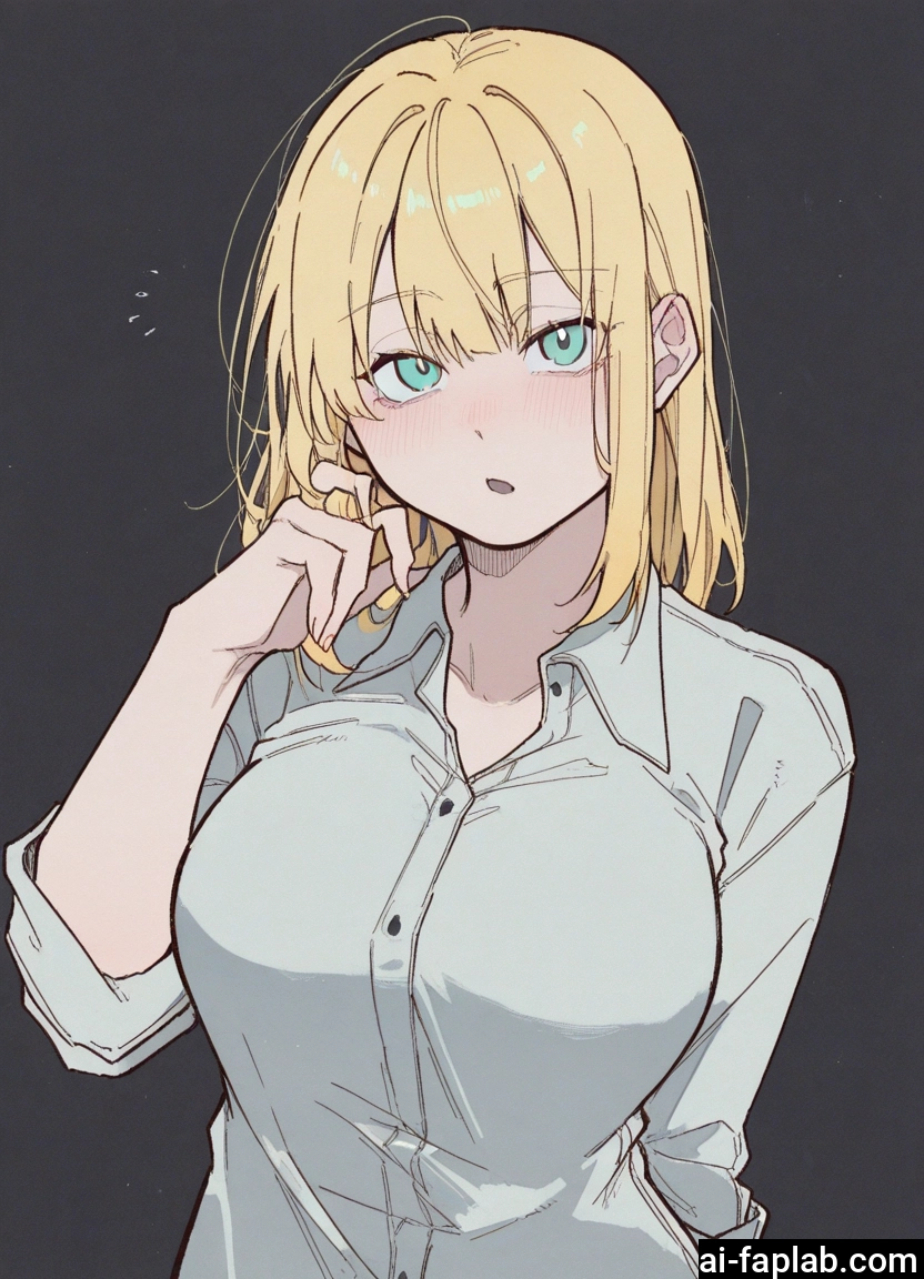 1girl, blonde hair, solo, breasts, shirt, blush