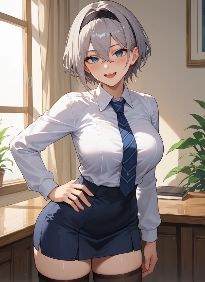 1girl, thighhighs, skirt, breasts, blue eyes, solo · Yamete.gg