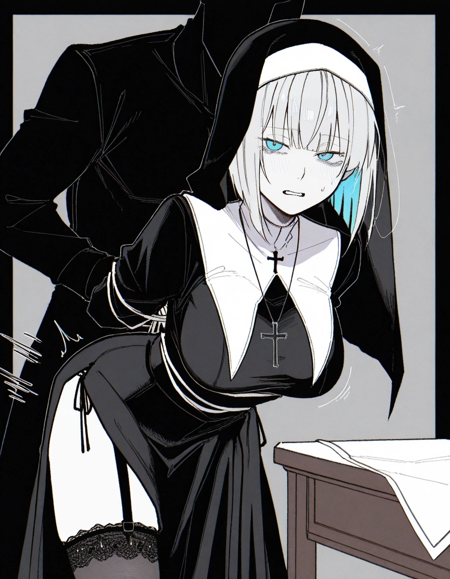 1girl, nun, 1boy, necklace, thighhighs, breasts · Yamete.gg