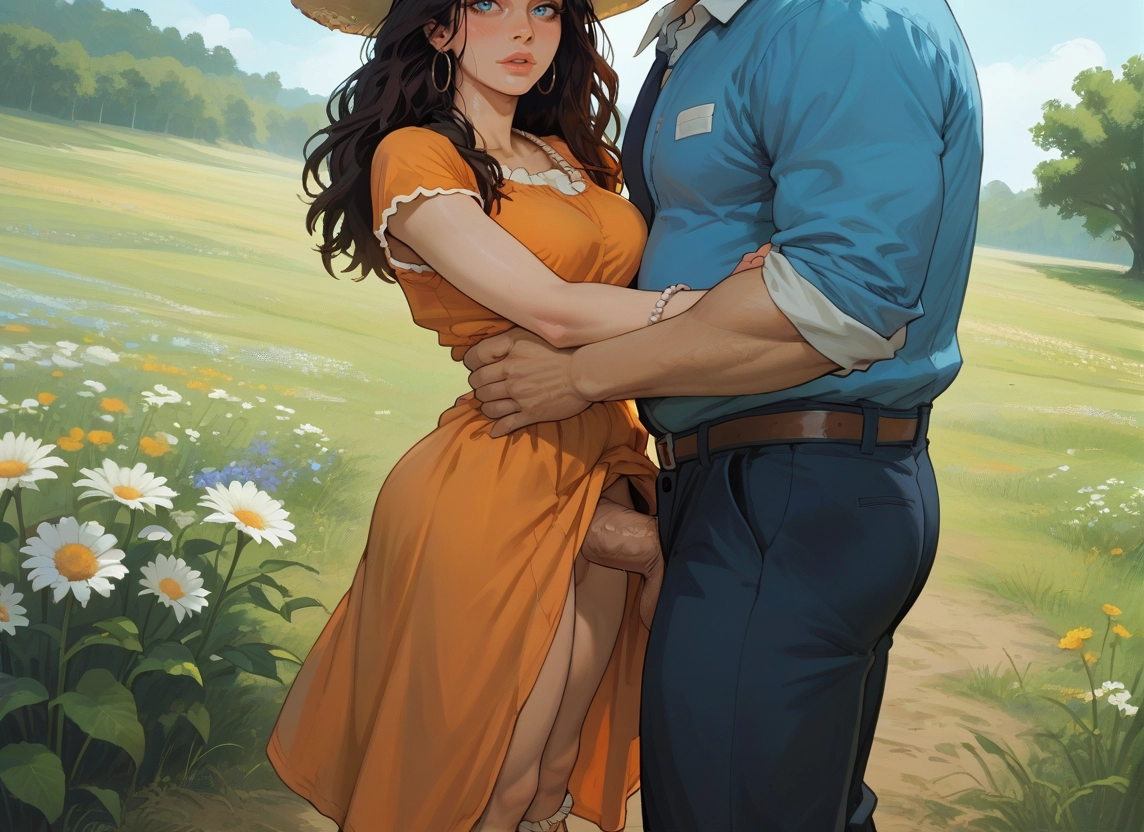 1girl, 1boy, penis, outdoors, dress, hat · Yamete.gg
