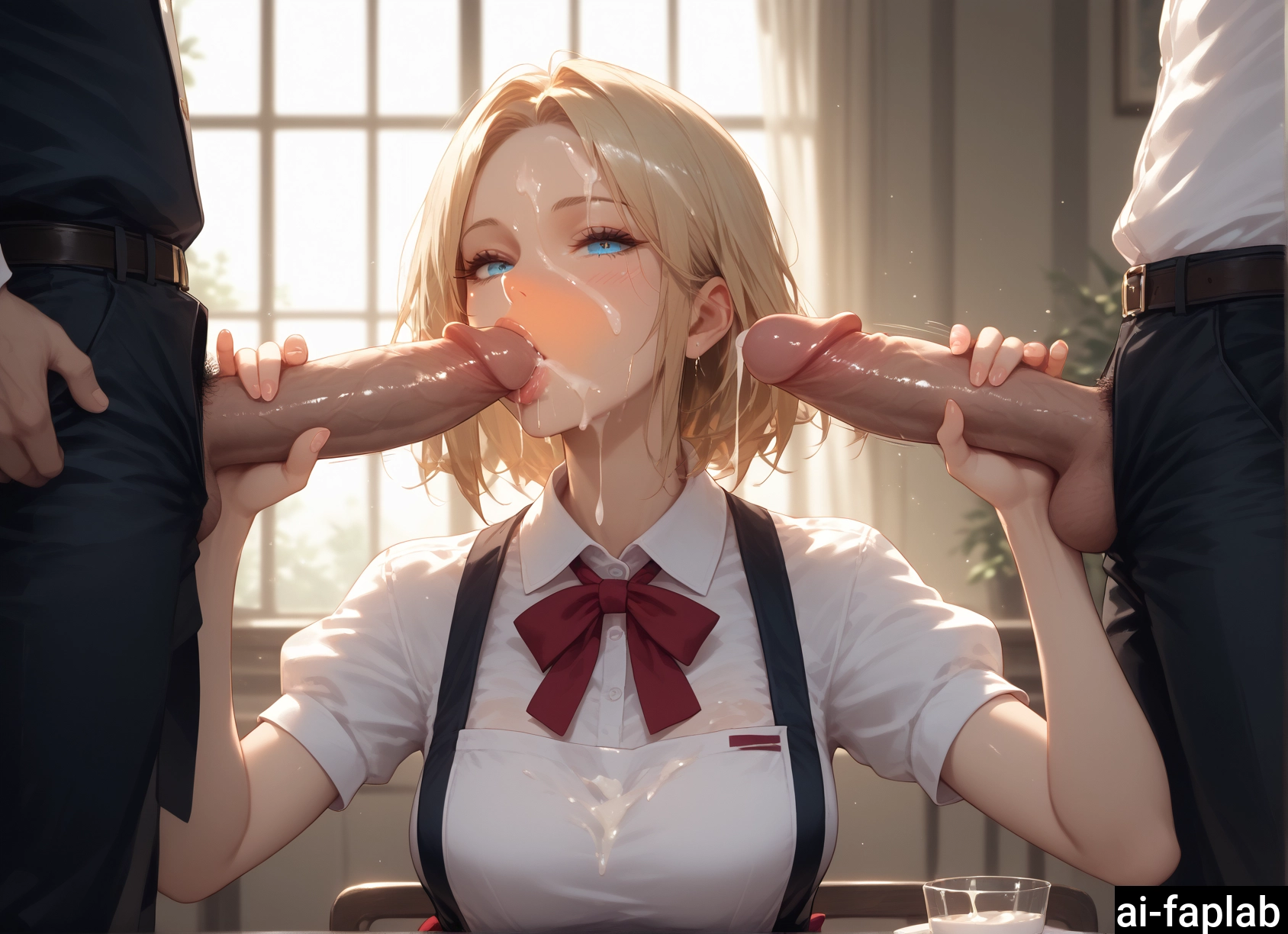 penis, 1girl, cum, hetero, blonde hair, multiple boys · Yamete.gg
