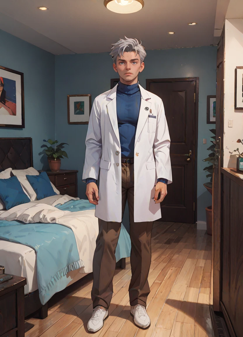 1boy, male focus, solo, lab coat, indoors, pants