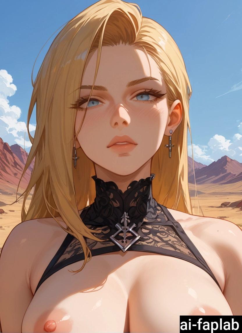 1girl, breasts, blonde hair, earrings, nipples, jewelry
