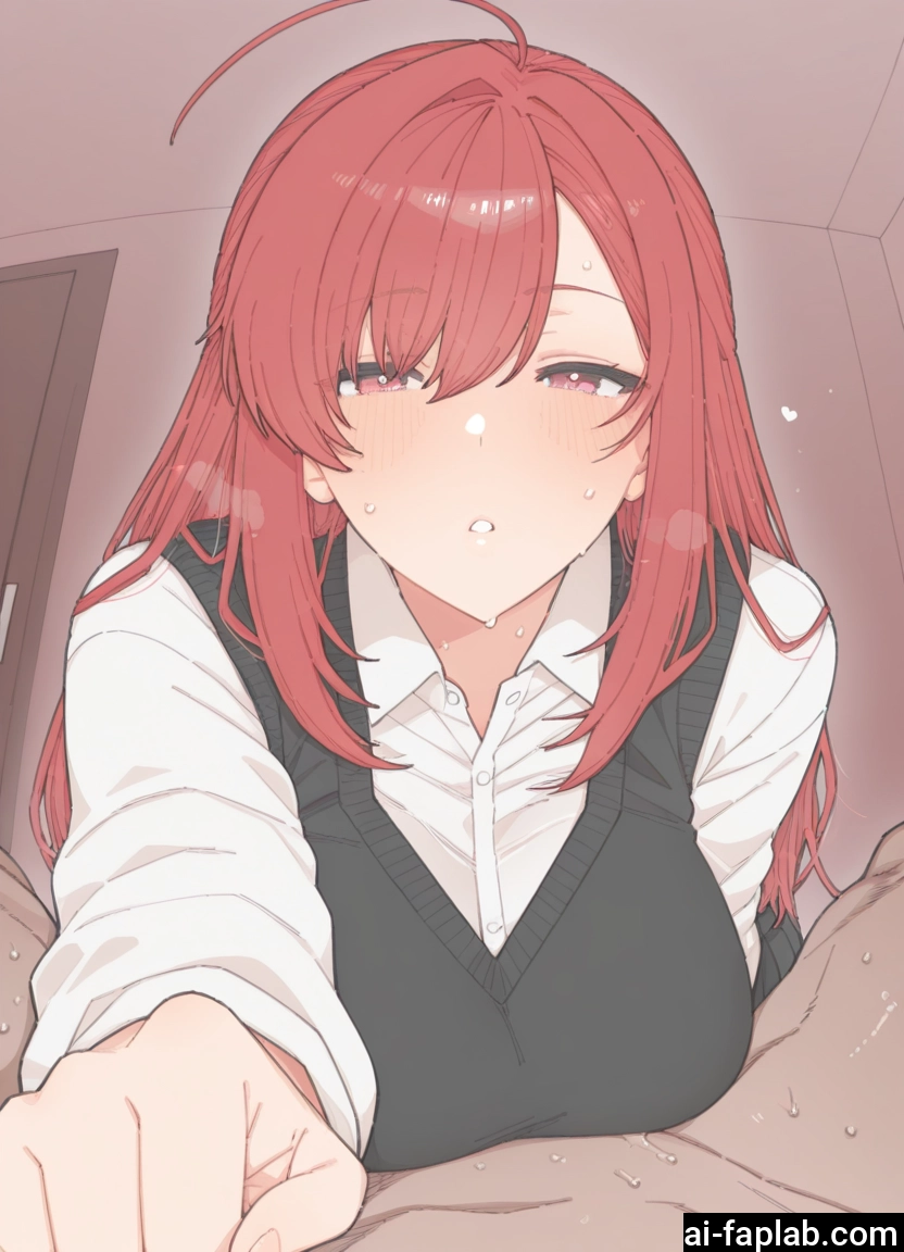1girl, 1boy, ahoge, red hair, shirt, blush · Yamete.gg