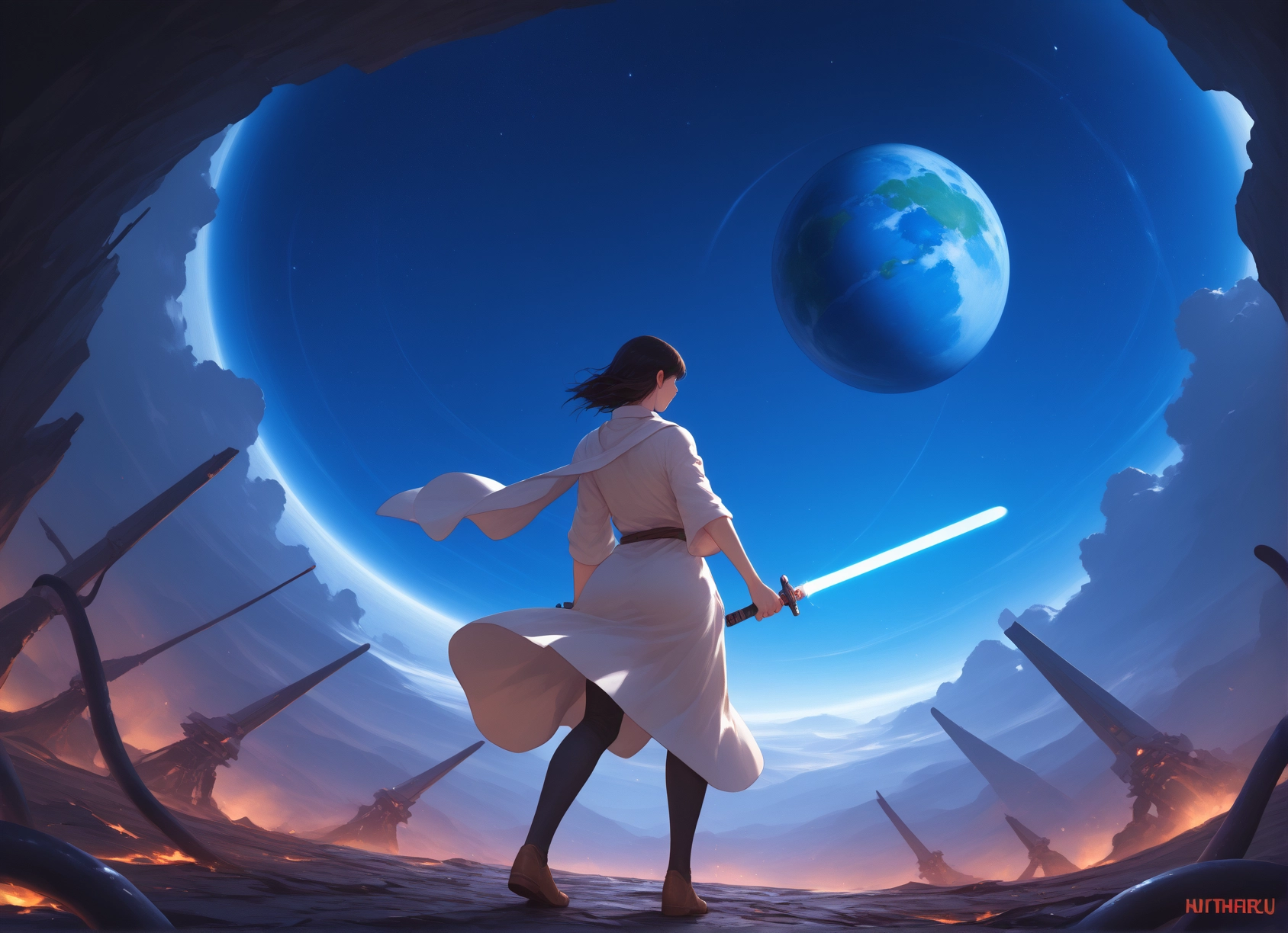 1girl, planet, weapon, black hair, sword, earth (planet)