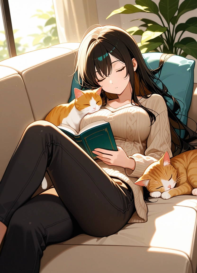 1girl, pants, black pants, long hair, book, sleeping · Yamete.gg