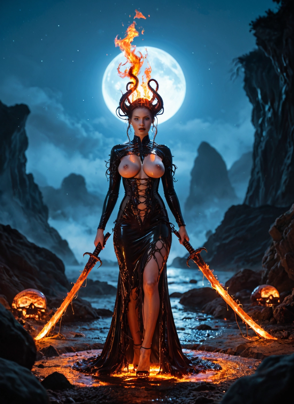 1girl, breasts, weapon, sword, moon, nipples · Yamete.gg