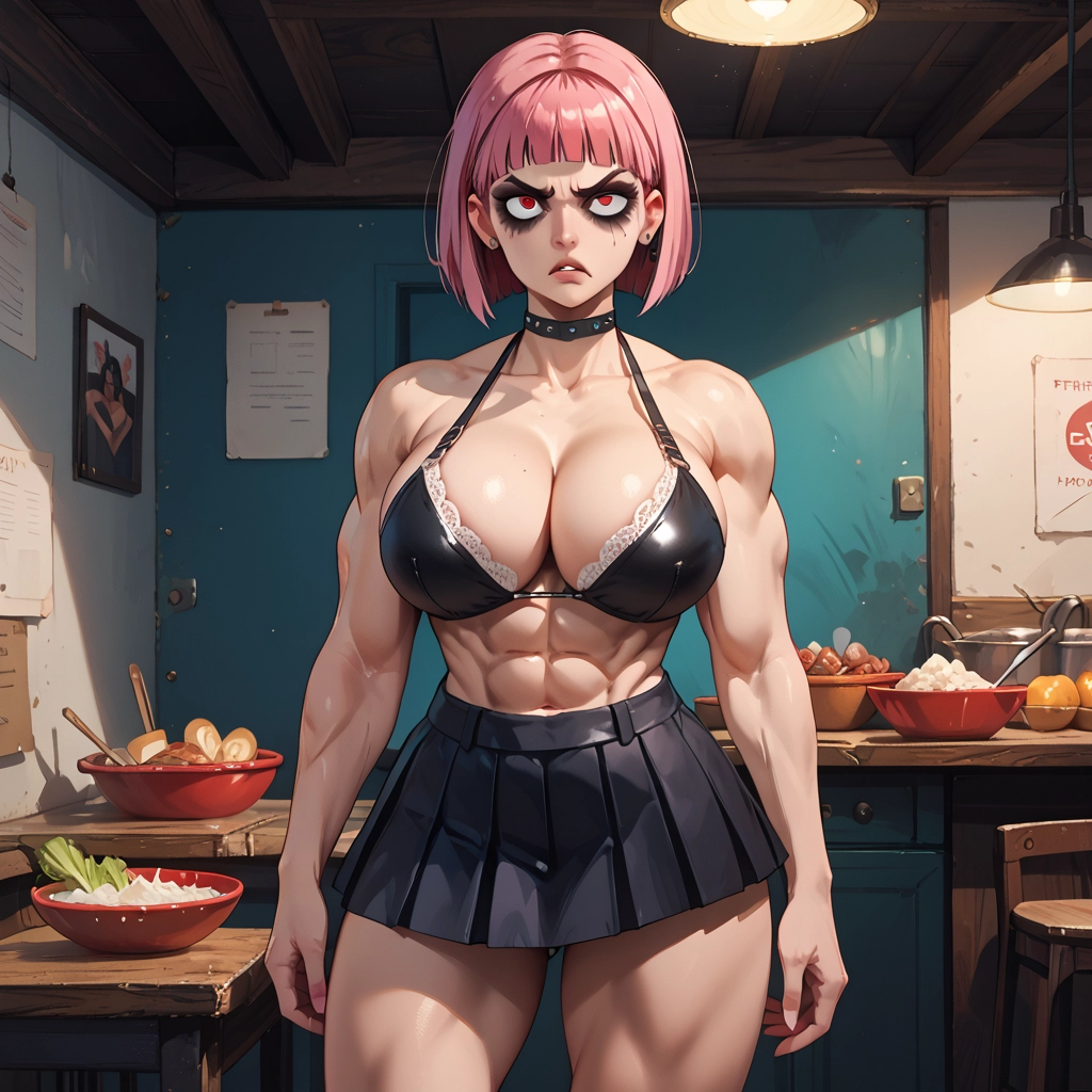 breasts, abs, food, pink hair, muscular, 1girl · Yamete.gg