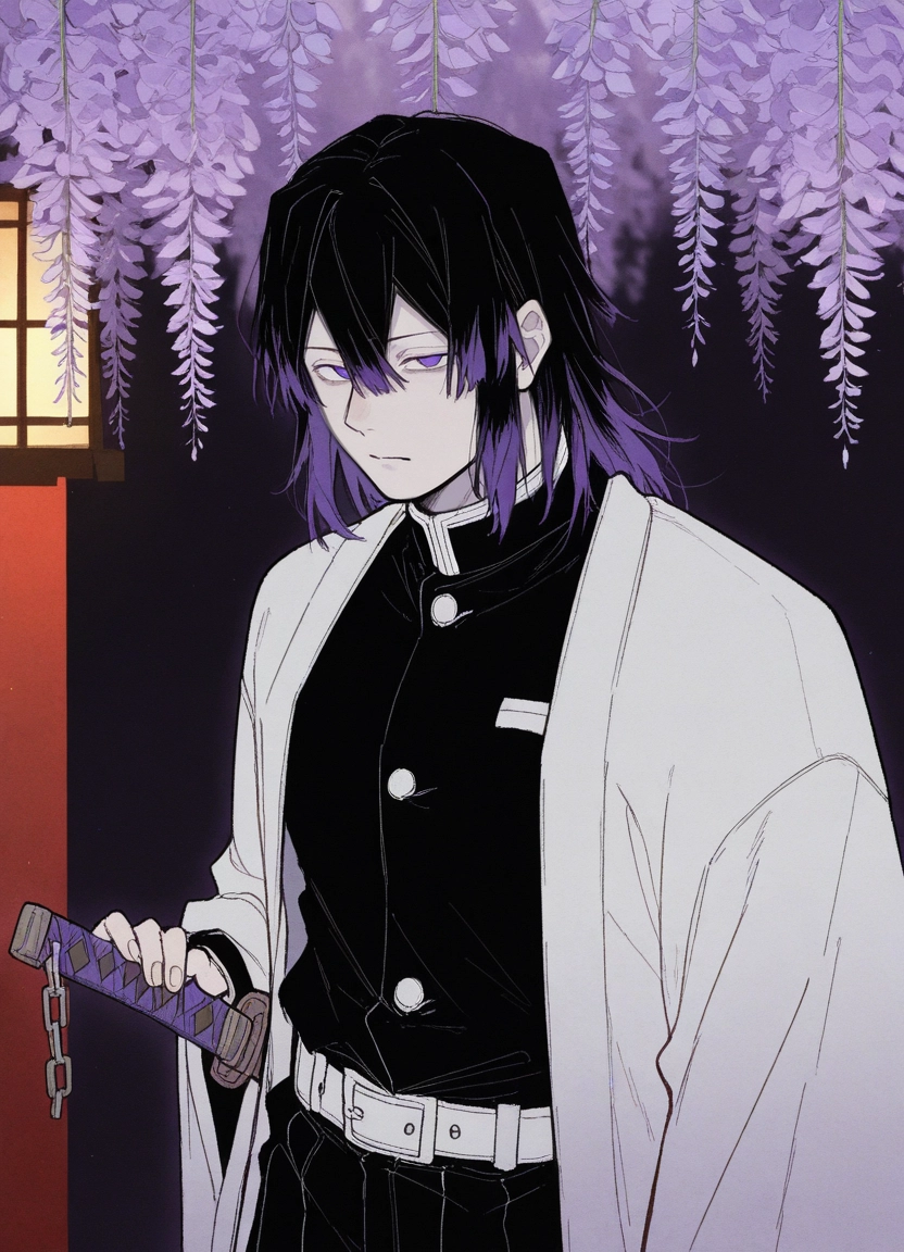 weapon, demon slayer uniform, wisteria, multicolored hair, solo, 1boy