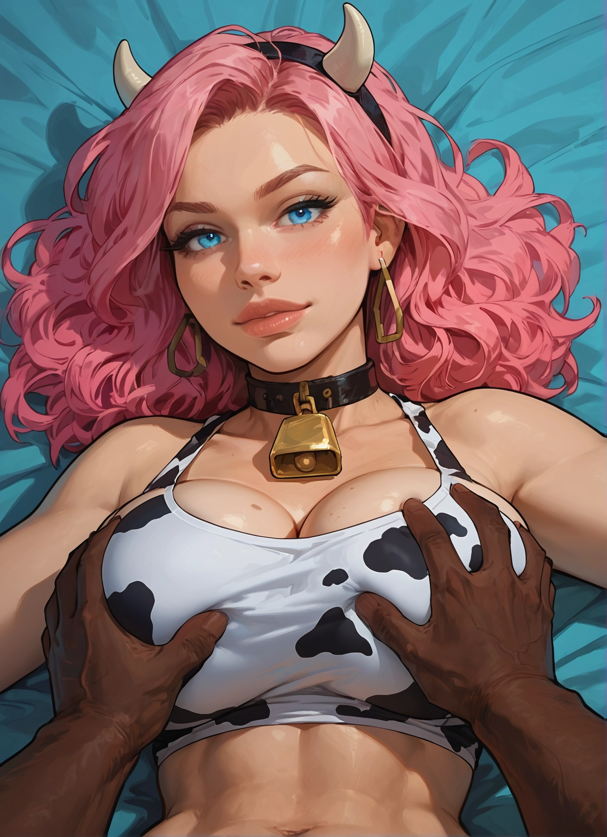 1girl, breasts, animal print, pink hair, horns, cow print · Yamete.gg
