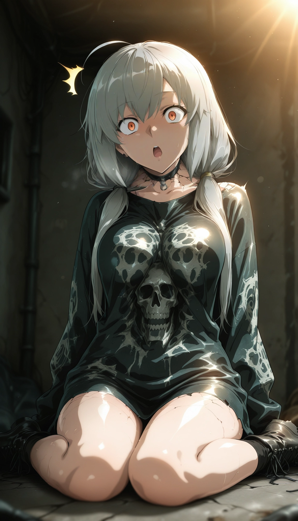 1girl, sitting, breasts, solo, ahoge, open mouth · Yamete.gg