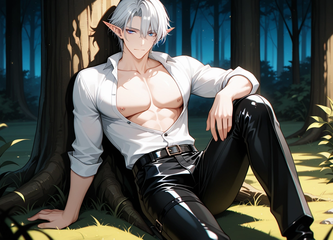 male focus, 1boy, pointy ears, shirt, pectorals, blue eyes · Yamete.gg