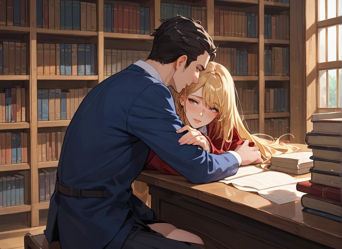 1girl, 1boy, blonde hair, book, long hair, bookshelf · Yamete.gg