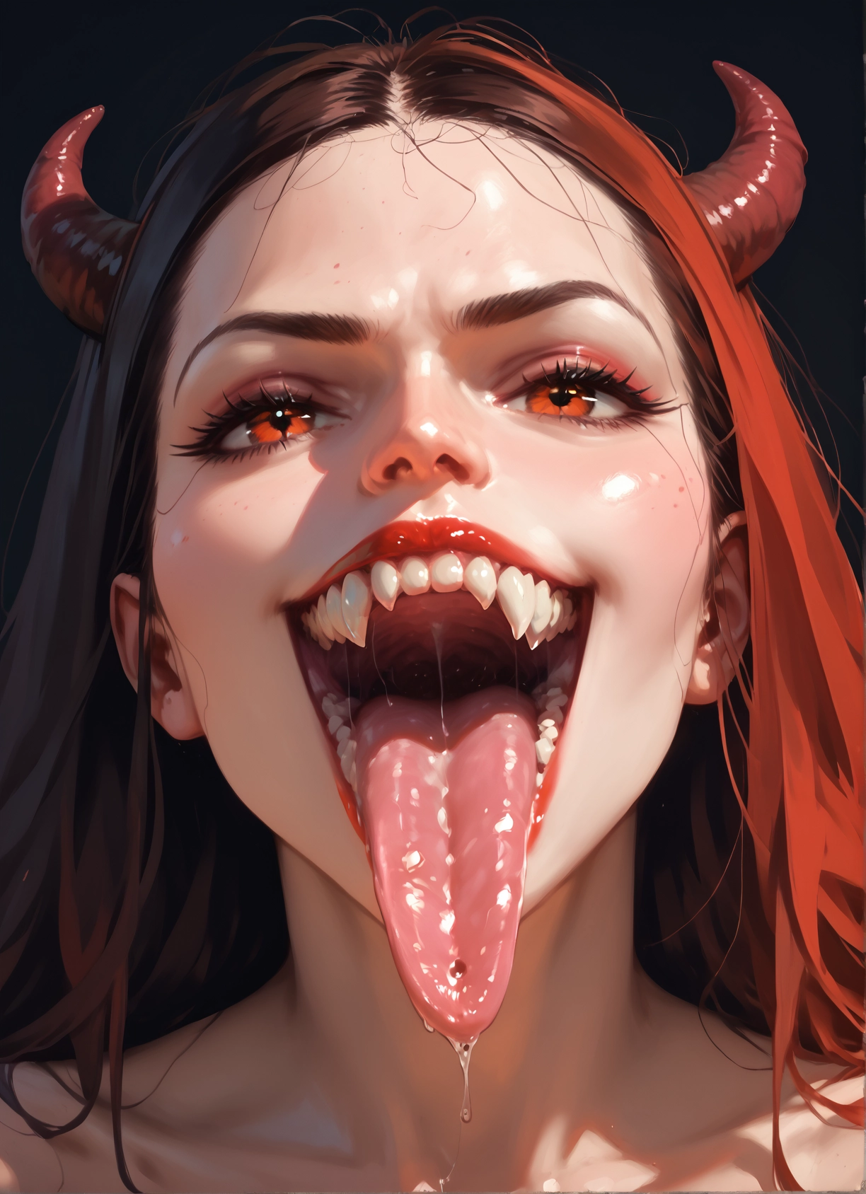 1girl, horns, solo, tongue, open mouth, tongue out · Yamete.gg