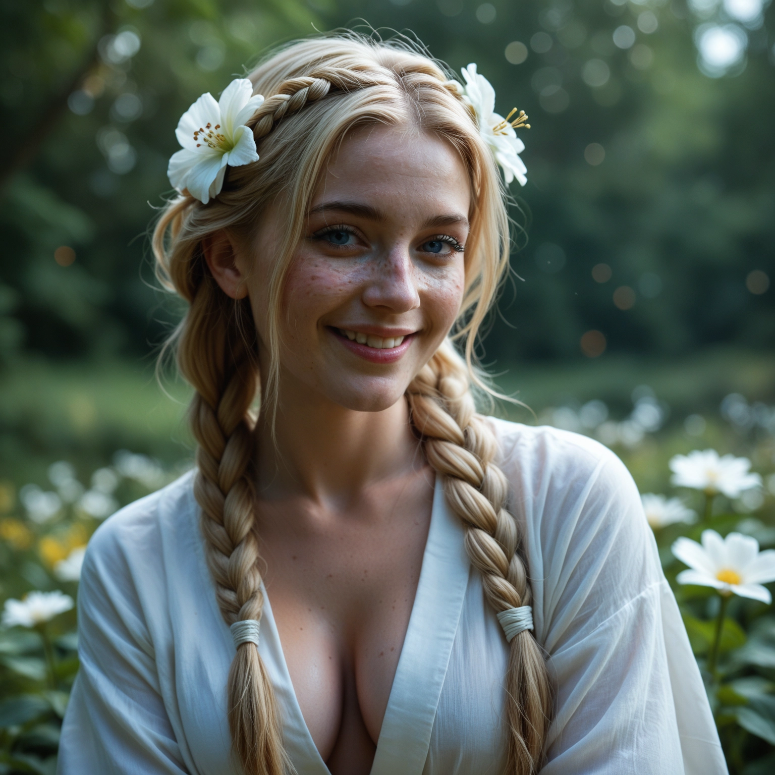 1girl, braid, solo, flower, breasts, hair flower · Yamete.gg