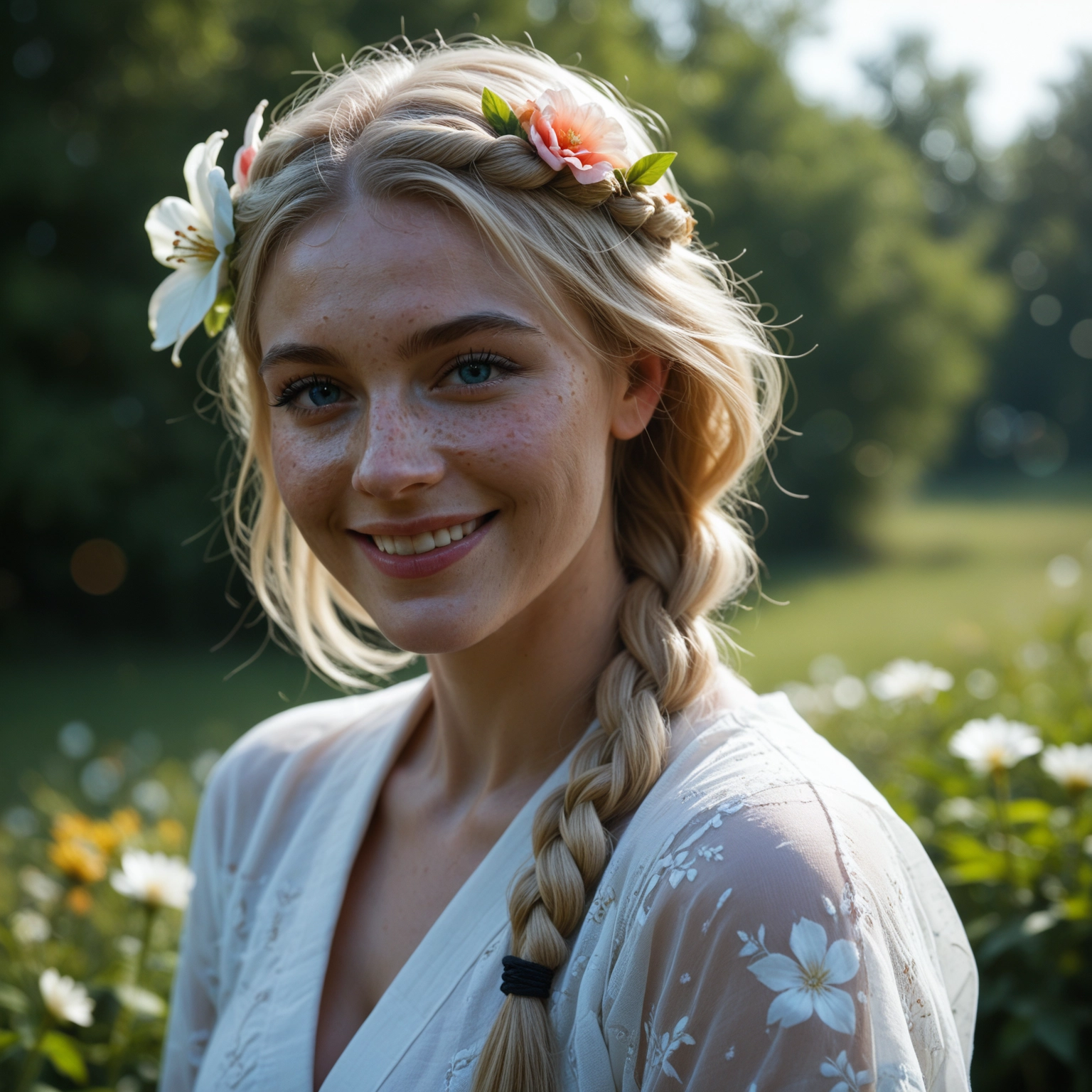 1girl, solo, braid, smile, flower, blurry background · Yamete.gg