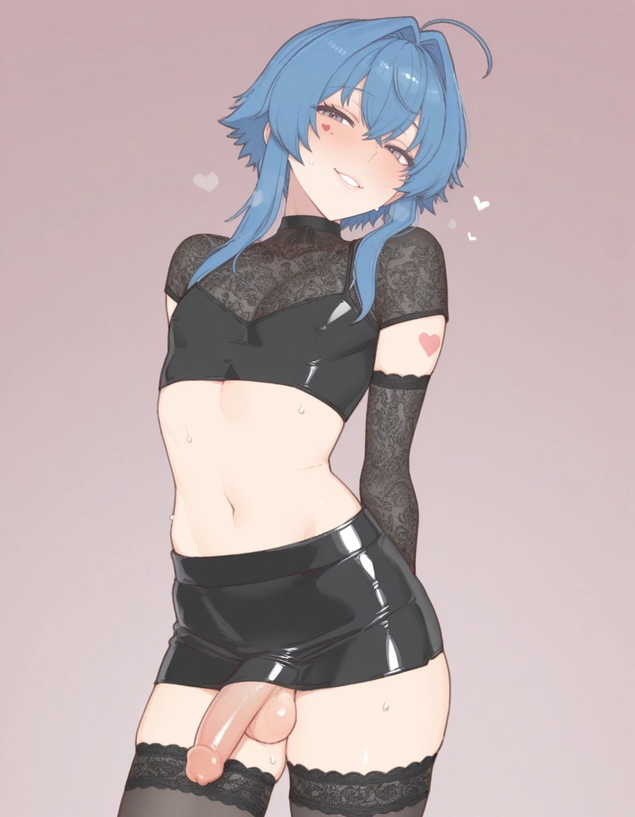 solo, penis, blue hair, 1boy, testicles, thighhighs · Yamete.gg
