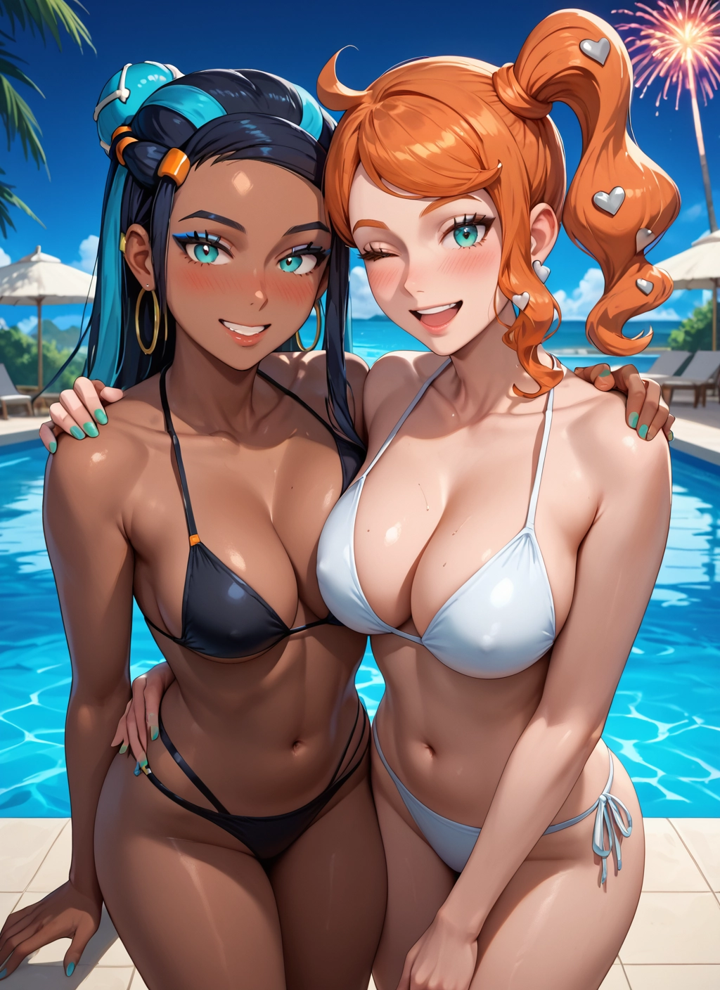 swimsuit, breasts, multiple girls, bikini, 2girls, dark skin · Yamete.gg