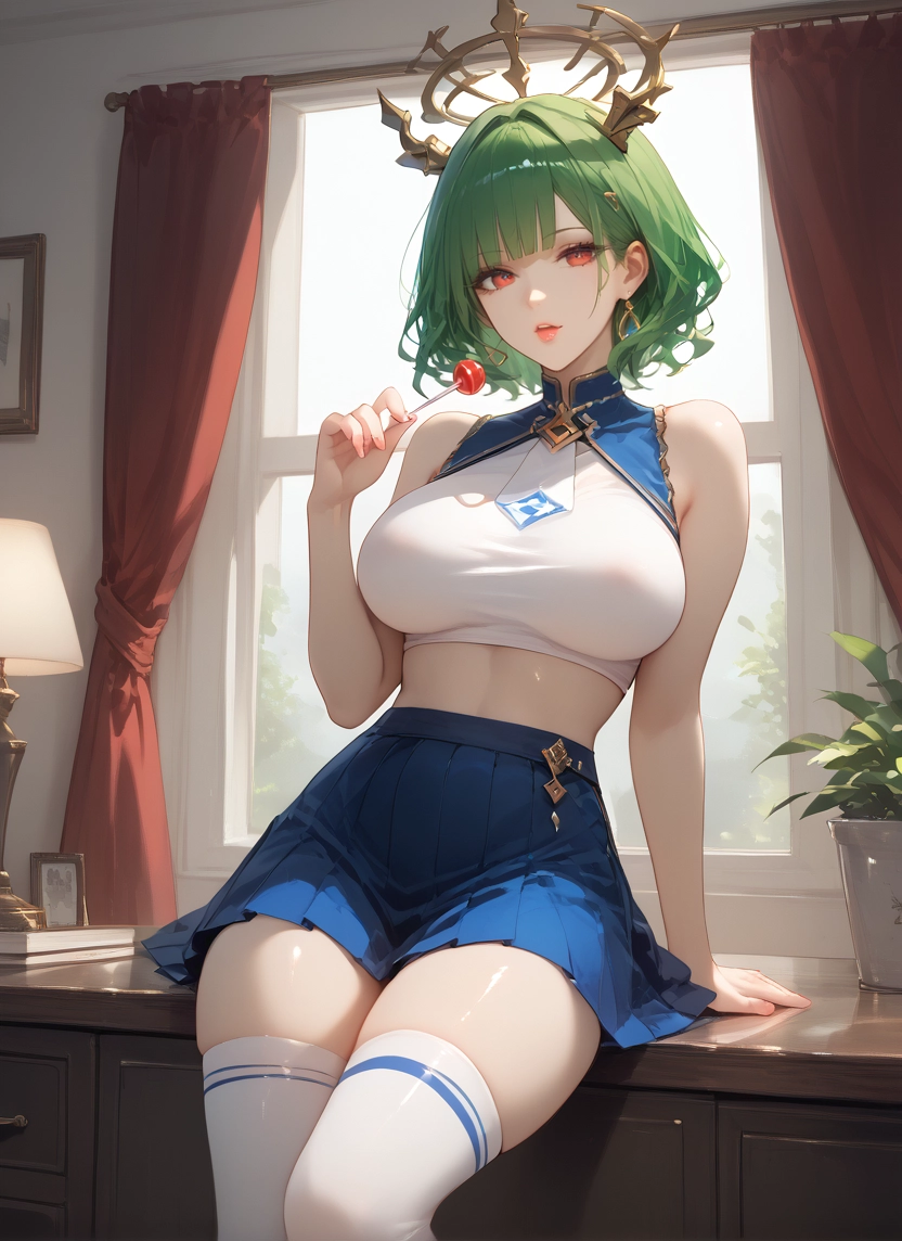 1girl, thighhighs, breasts, skirt, food, candy · Yamete.gg